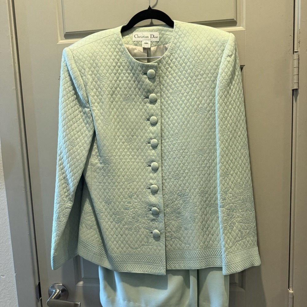 Vintage Christian Dior 2 Pc Mint Green Quilted Jacquard Skirt Suit Size 8